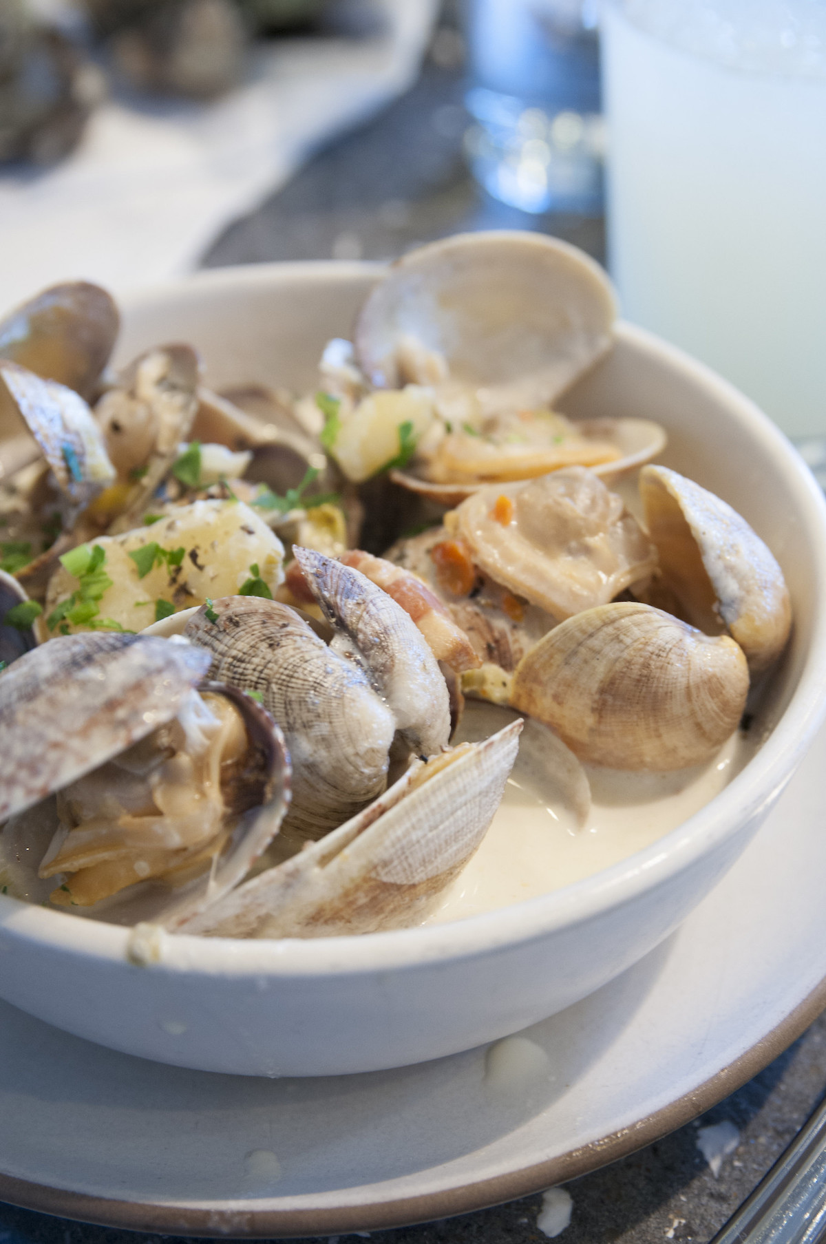 Extreme close up of a bowl of clam chowder