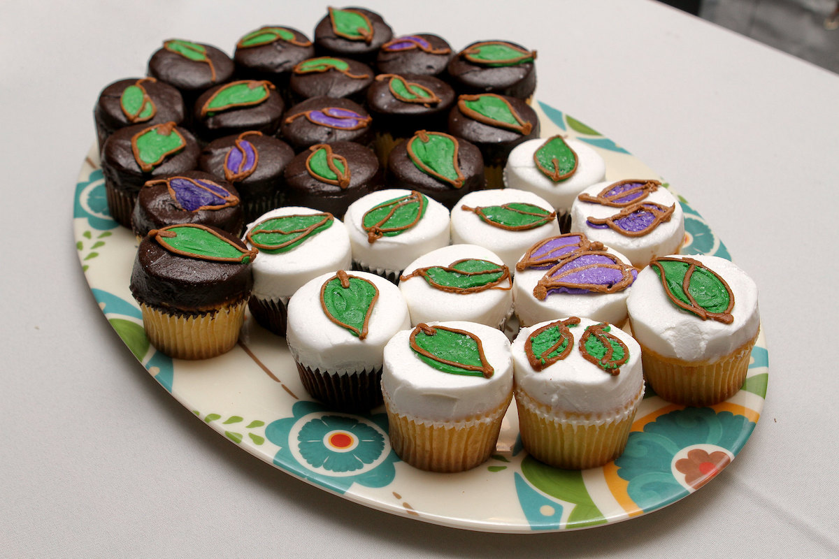 A tray of chocolate and vanilla cupcakes from Lyndell's Bakery in Boston, with decorative icing in the shape of leaves