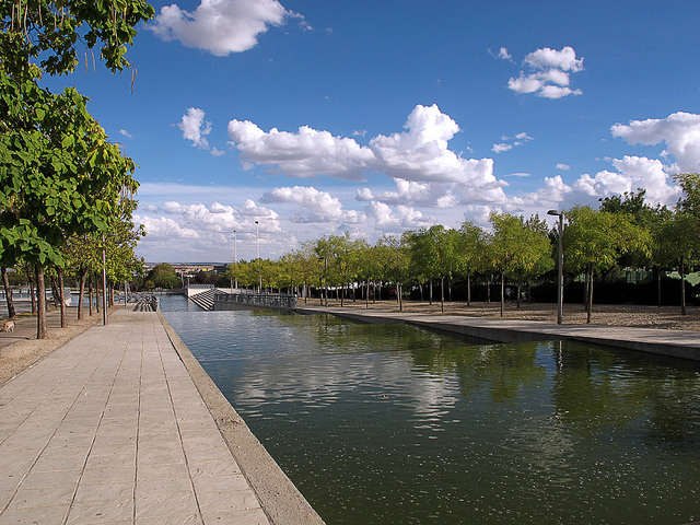 The beautiful water feature as part of the Juan Carlos I Park in Madrid
