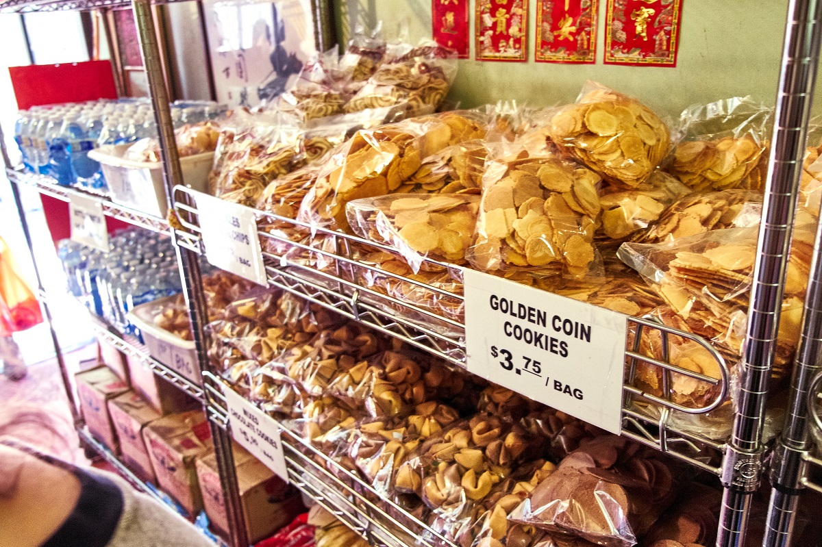 Flat fortune cookies for sale at the Golden Gate Fortune Cookie Factory