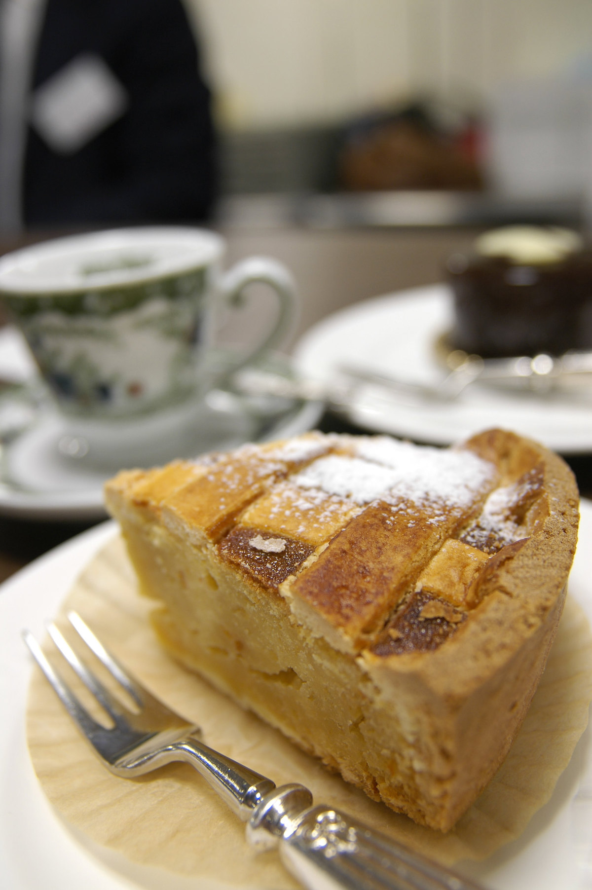 Close up of a slice of Neapolitan pastiera, a typical pie enjoyed at Easter