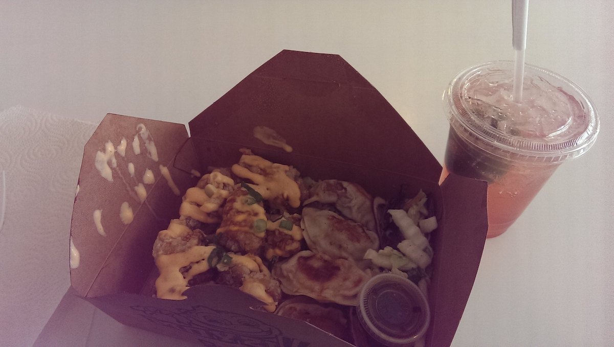 Close up of a brown to-go box filled with Chinese dumplings. The dumplings are from Moyzilla, a popular food truck in Boston.