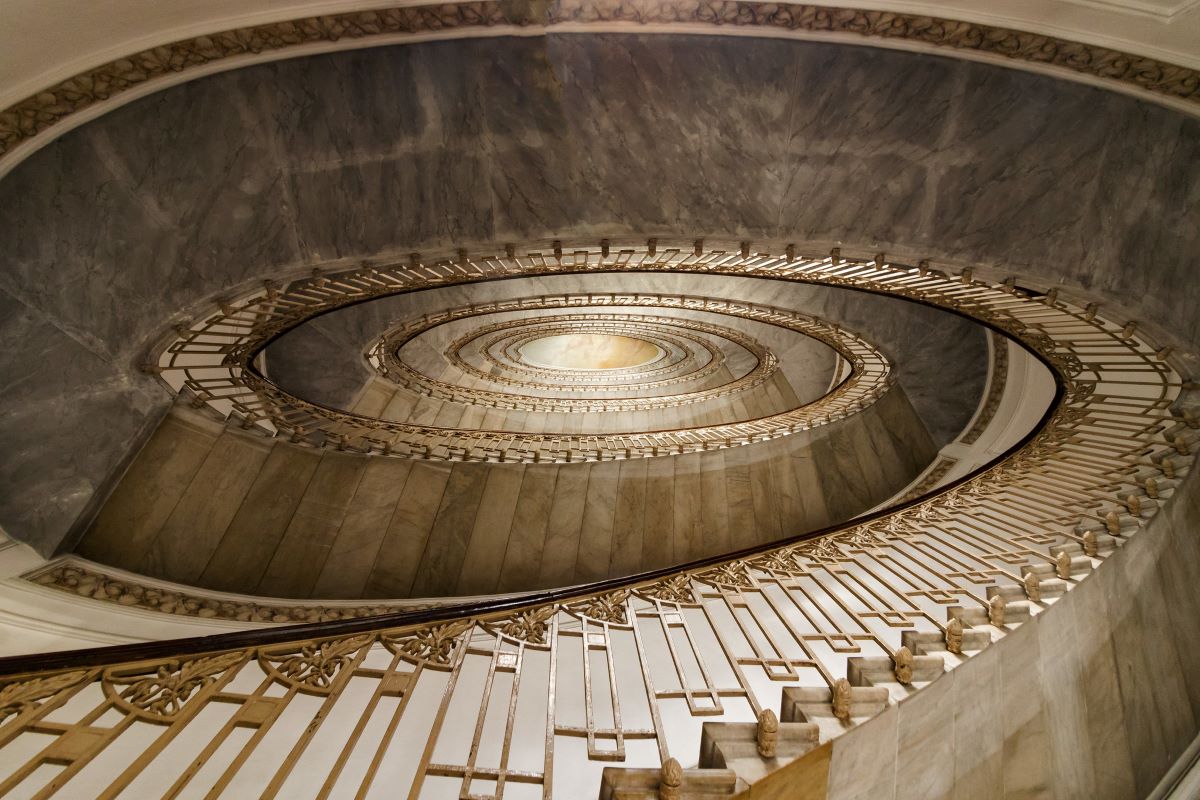 A spiral staircase inside a building