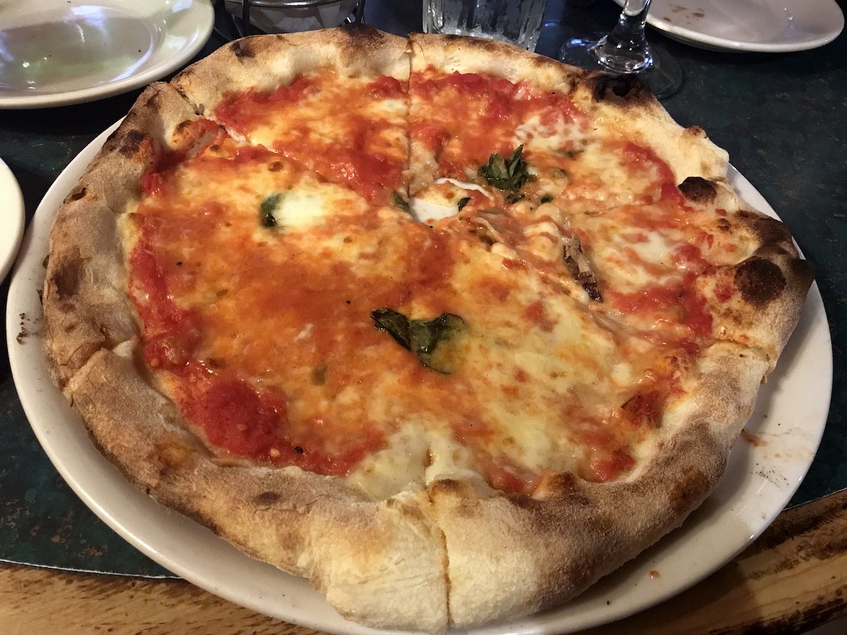 Close up of a classic pizza margherita at Antico Forno, a great Italian restaurant in North End Boston