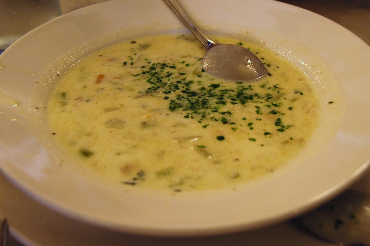 Extreme close up of a bowl of clam chowder at Neptune Oyster in Boston