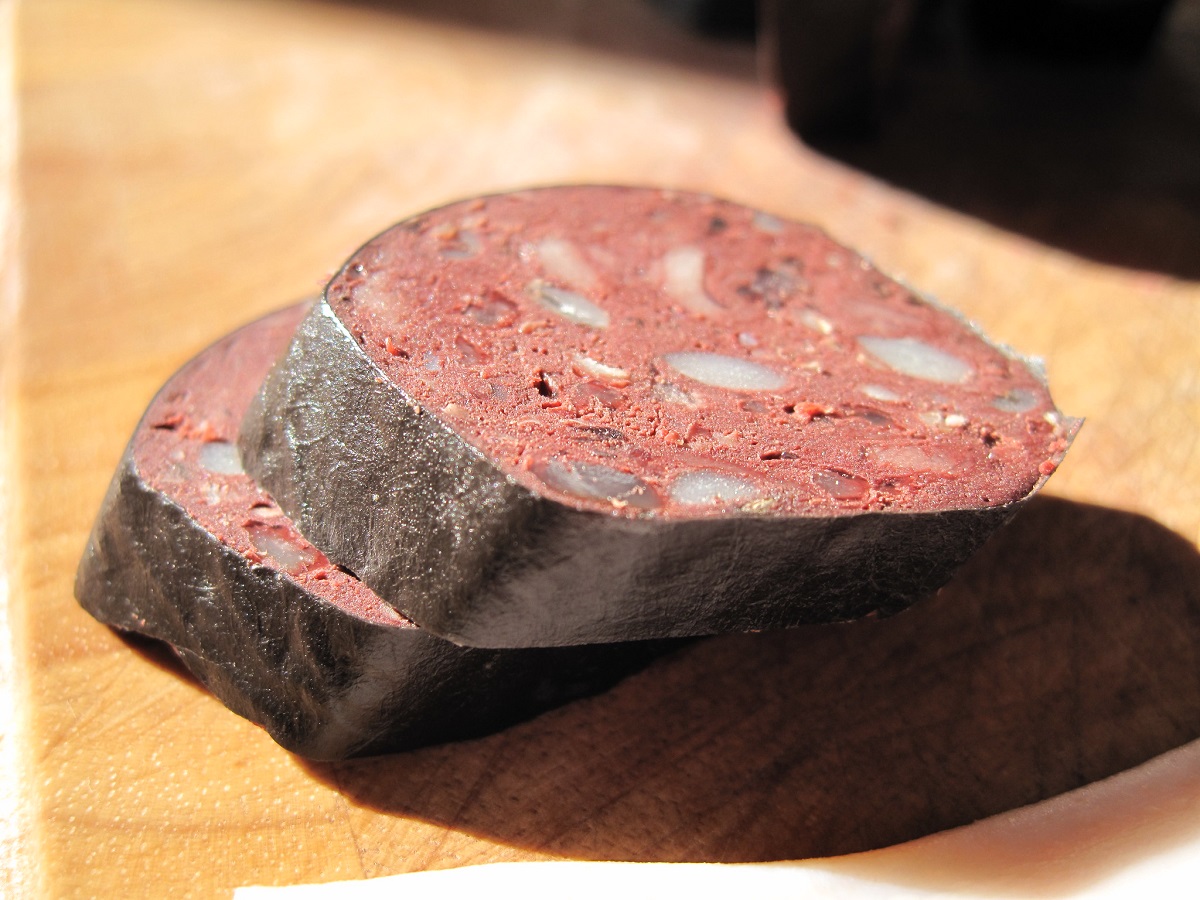 Slices of uncooked morcilla, or blood sausage