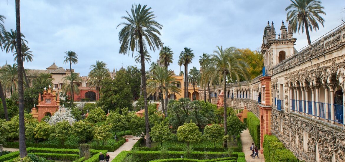 Jardines del Real Alcázar in seville from above with gardens and trees