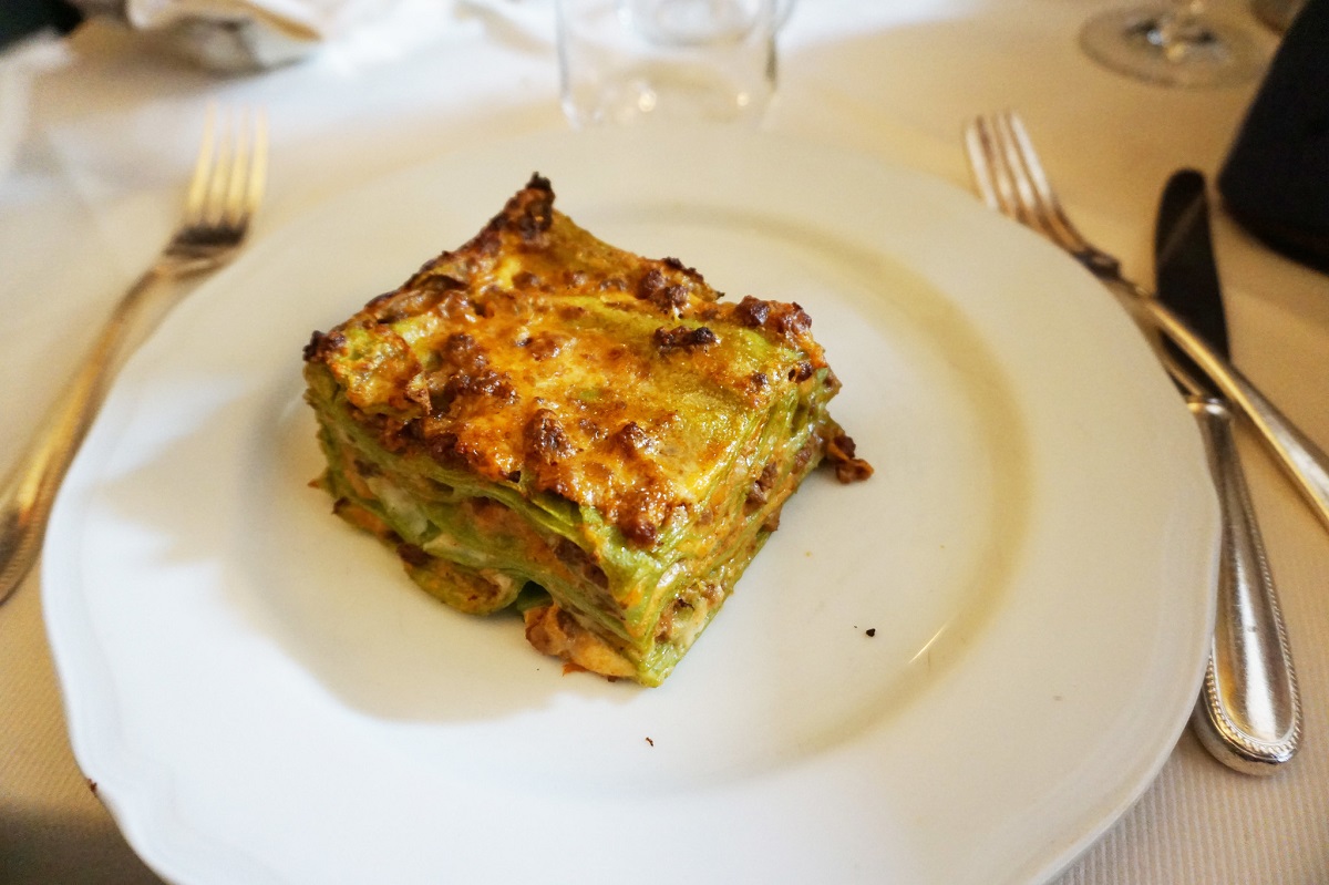 Green-noodle lasagna at Drogheria della Rosa in Bologna, Italy