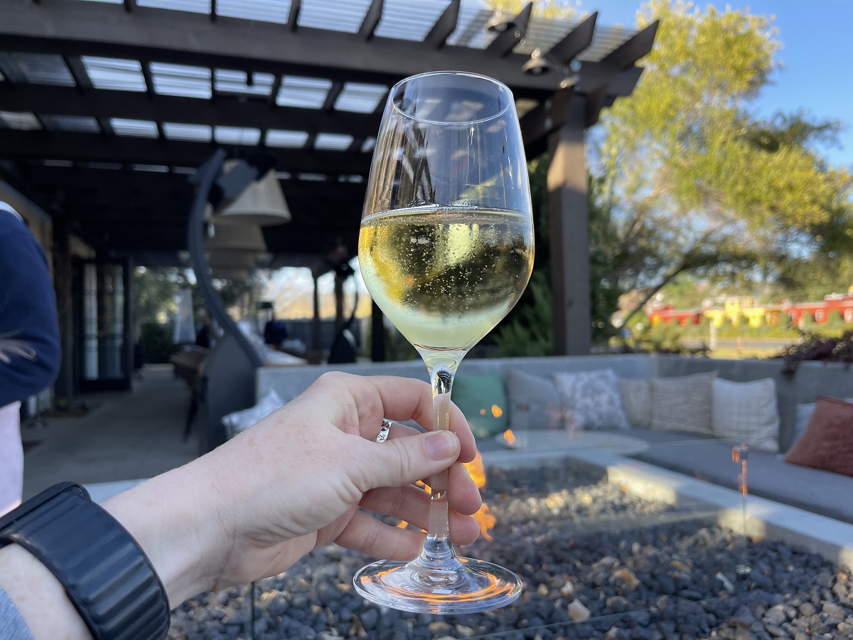 Visitor holding out a glass of white wine in front of an exterior patio and vineyard in California