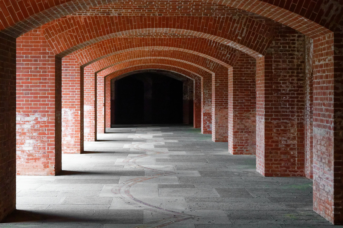 A series of brick arches at Fort Point, a great places to visit in San Francisco for free.