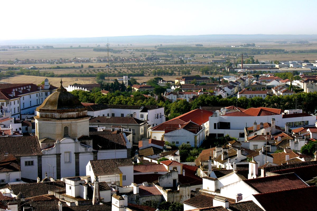 city with white buildings and fields in the distance