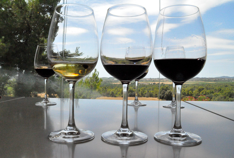 Glasses of red and white sit on a table with a view of a vineyard in the background