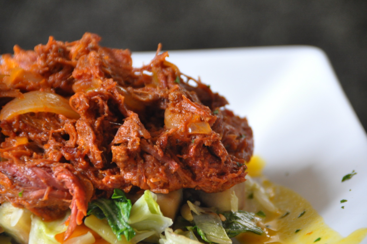 Close up of ropa vieja, a meat dish on salad, on a white plate at a restaurant
