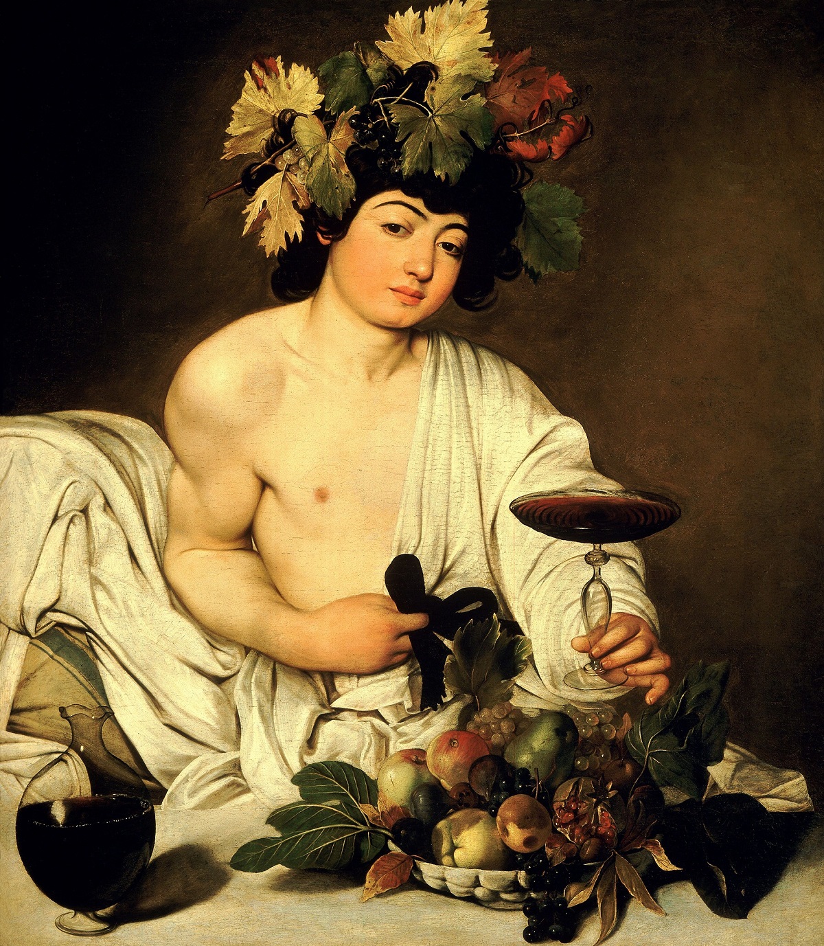 A painting of a pale man with a large wine glass