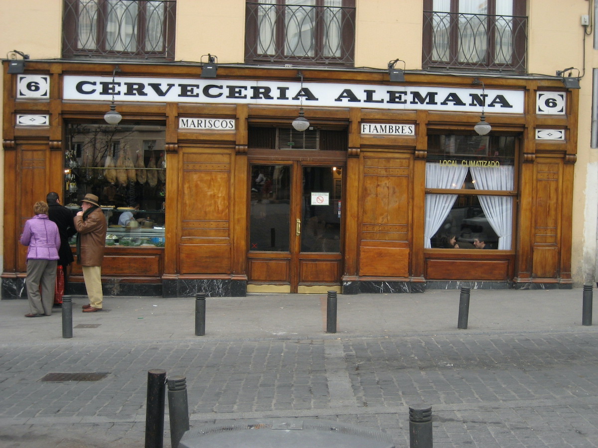 Wood paneled exterior of Cerveceria Alemana bar in Madrid