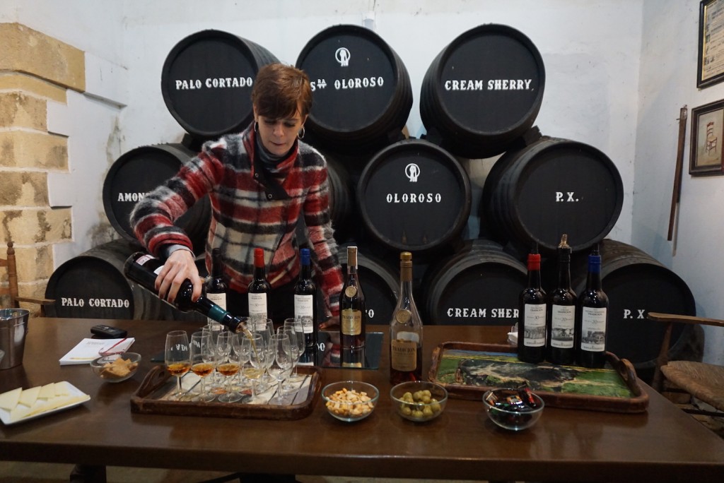 The sherry expert at Bodegas Tradicion pours delicious sherries for guests to try. With four different varieties of sherry made available, paired with small bites to eat, this tour will enhance your understanding of the sherry making process. A must during your day trip to Jerez!