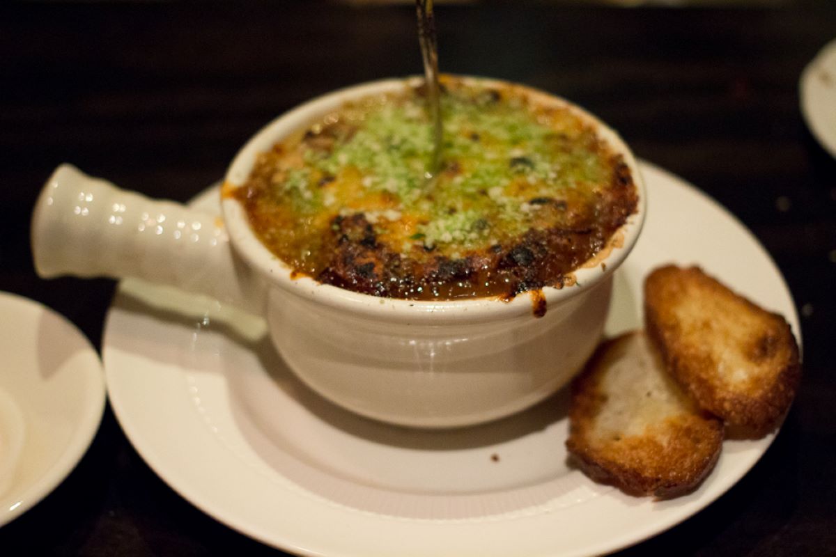 close-up of best nyc chef's french onion soup.