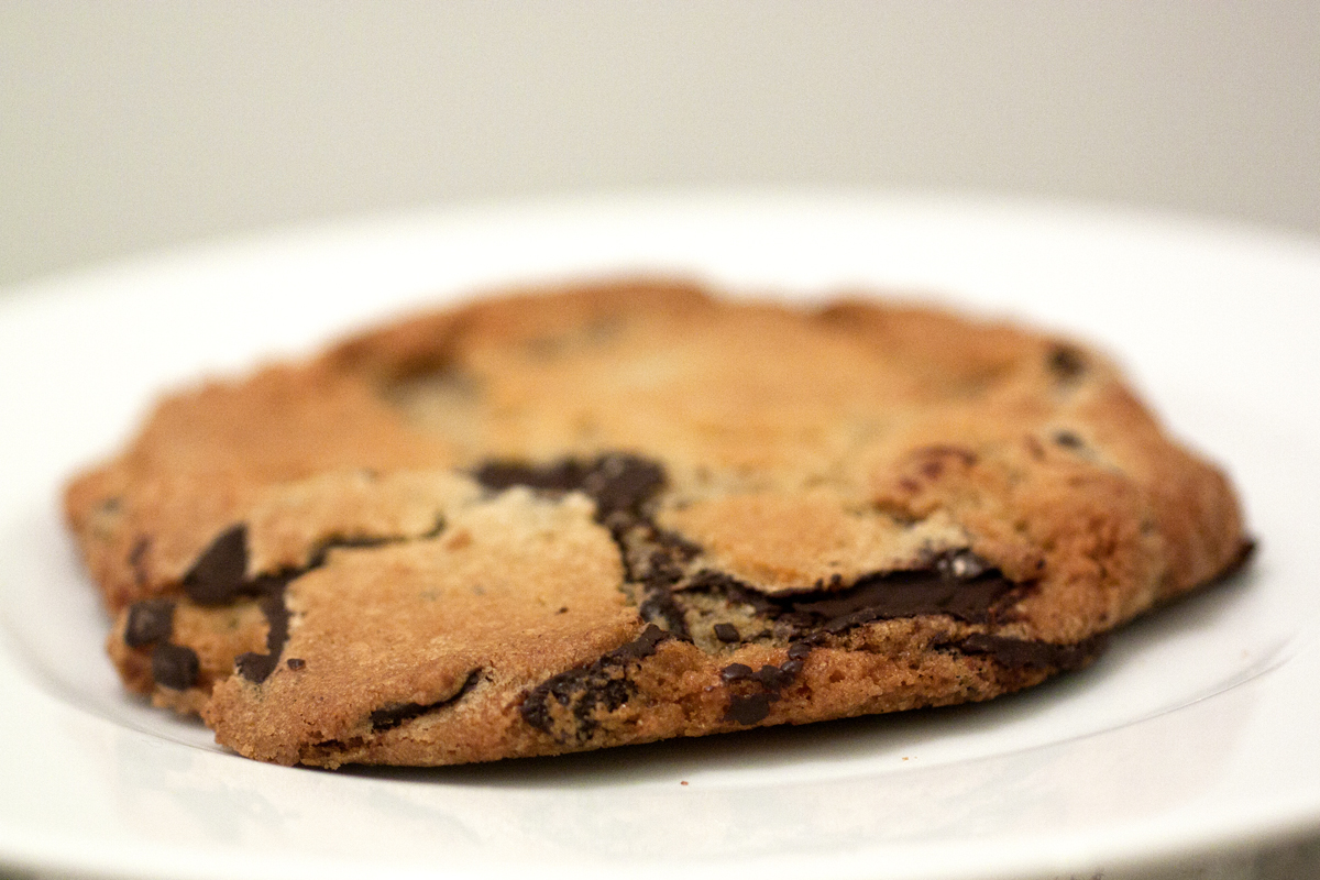 Chocolate chip cookie on a white plate