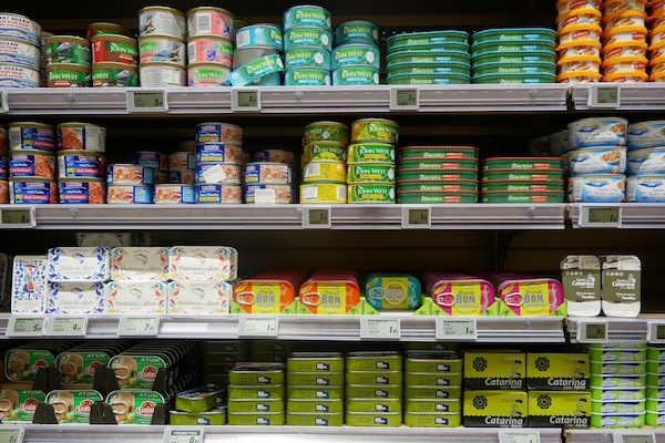 Shelves in a Portuguese supermarket are filled with all kinds of canned fish, or conservas.