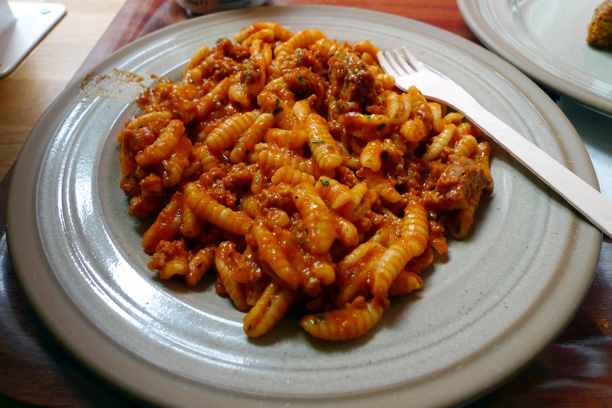 Sardinian style gnocchi-like pasta in a red sauce