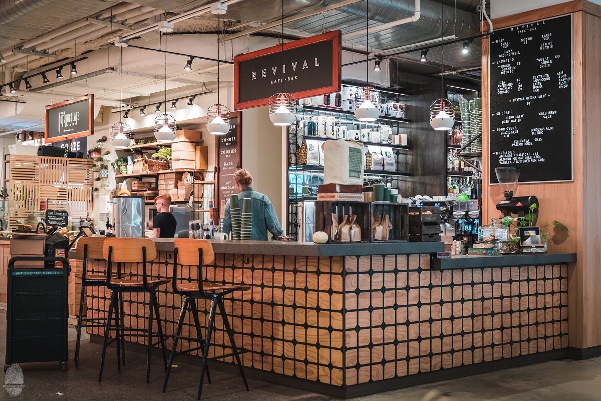 Cafe with broad counter at Chicago's Revival Food Hall