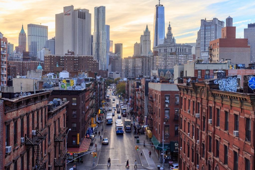 View of the Lower East Side, NYC skyline from above at dusk