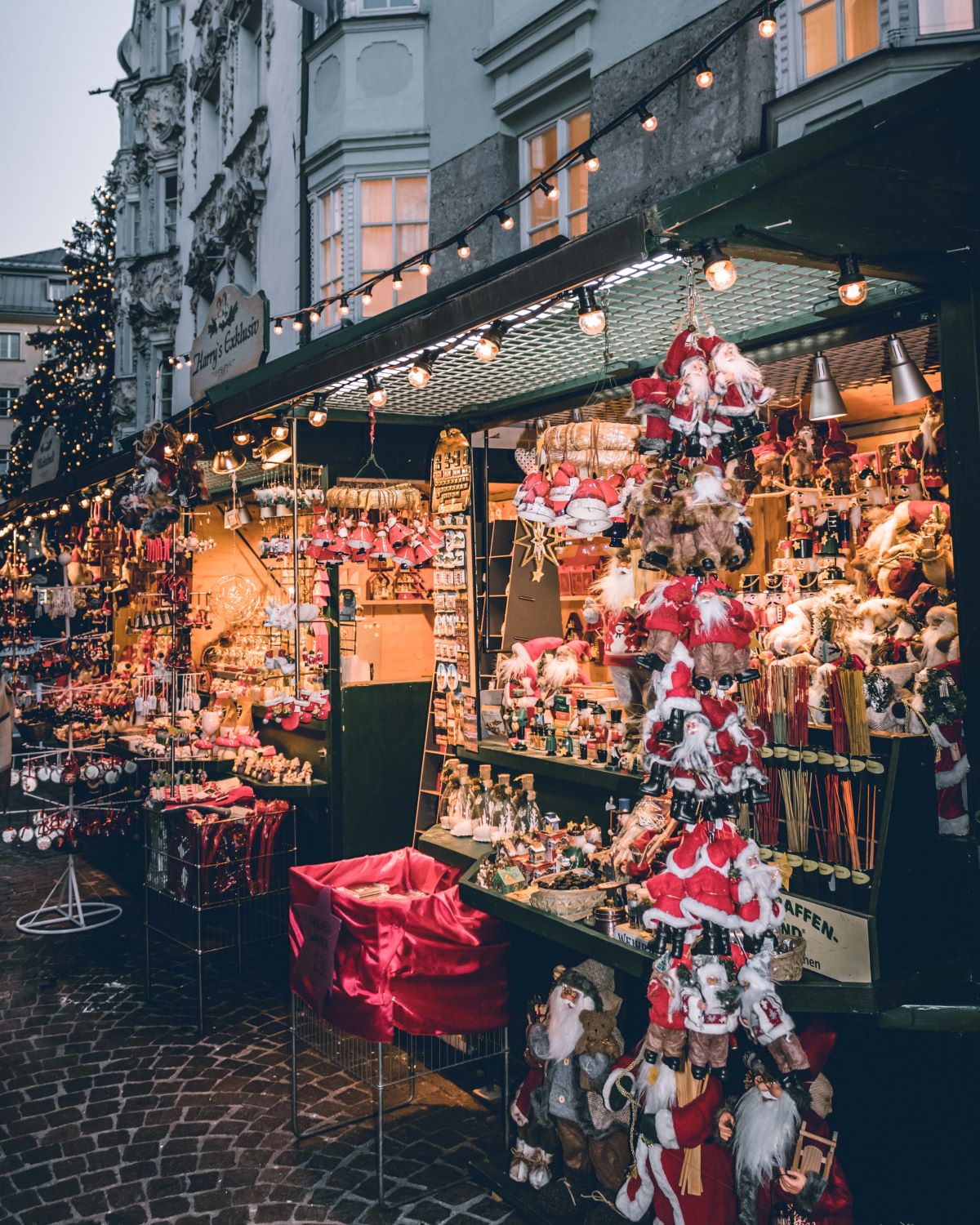 souvenirs hang from a Christmas market stall in Rome. 