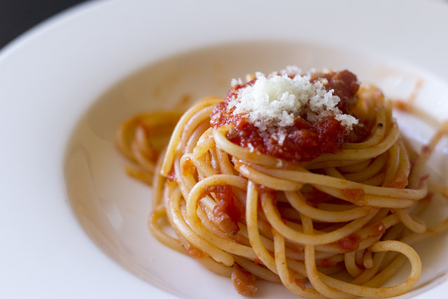 Spaghetti all'amatriciana is one of the top dishes at Pasta Chef, one of the most casual and delicious restaurants in Monti, Rome.