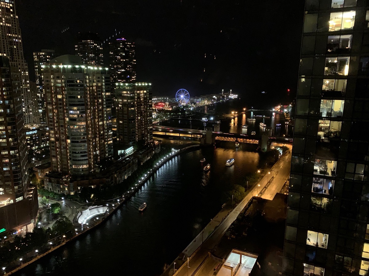 View of the Chicago River from high above at night
