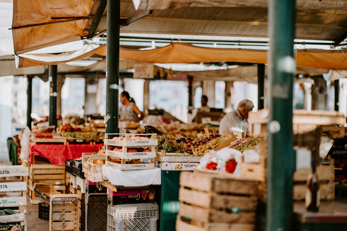 Venetian food market with produce and covered top