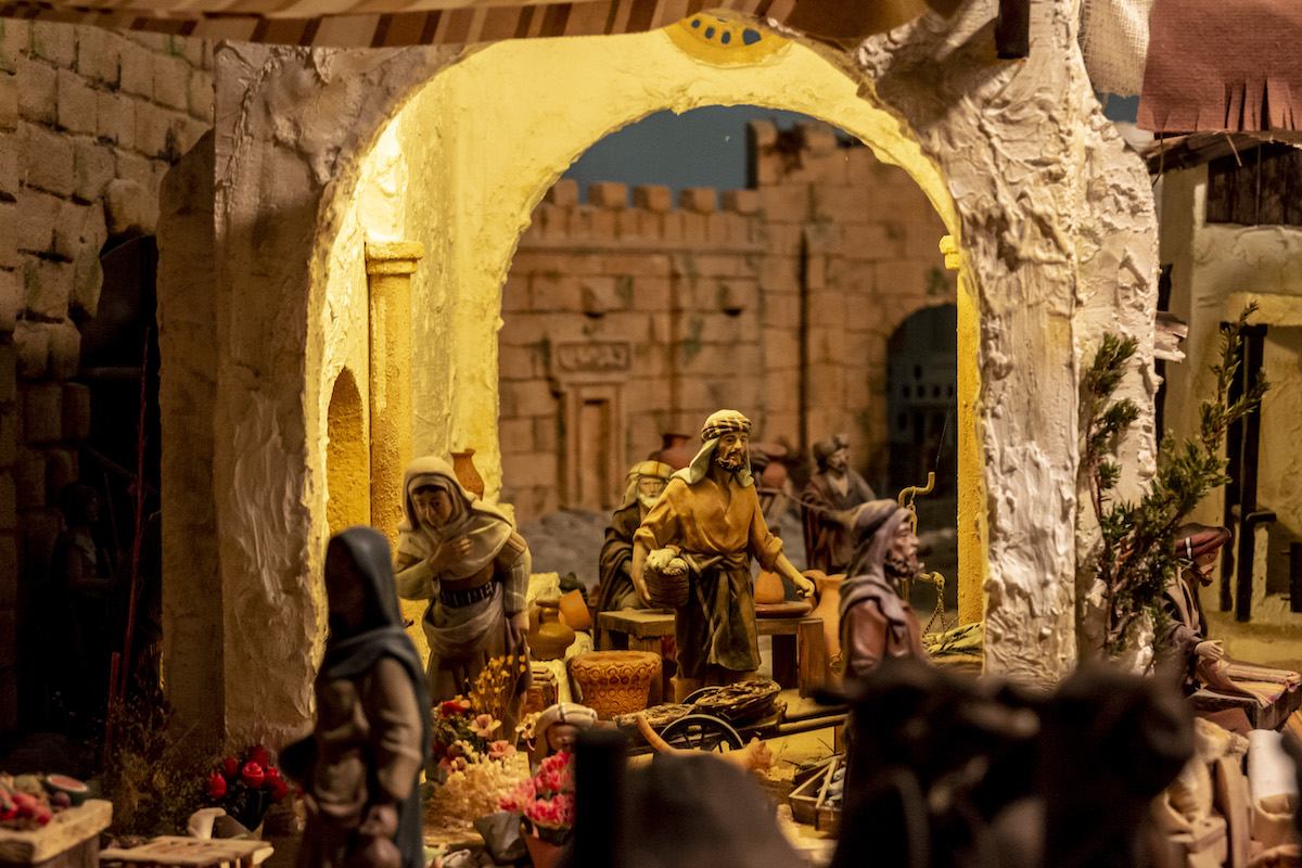 Close up of a nativity scene depicting the town of Bethlehem.