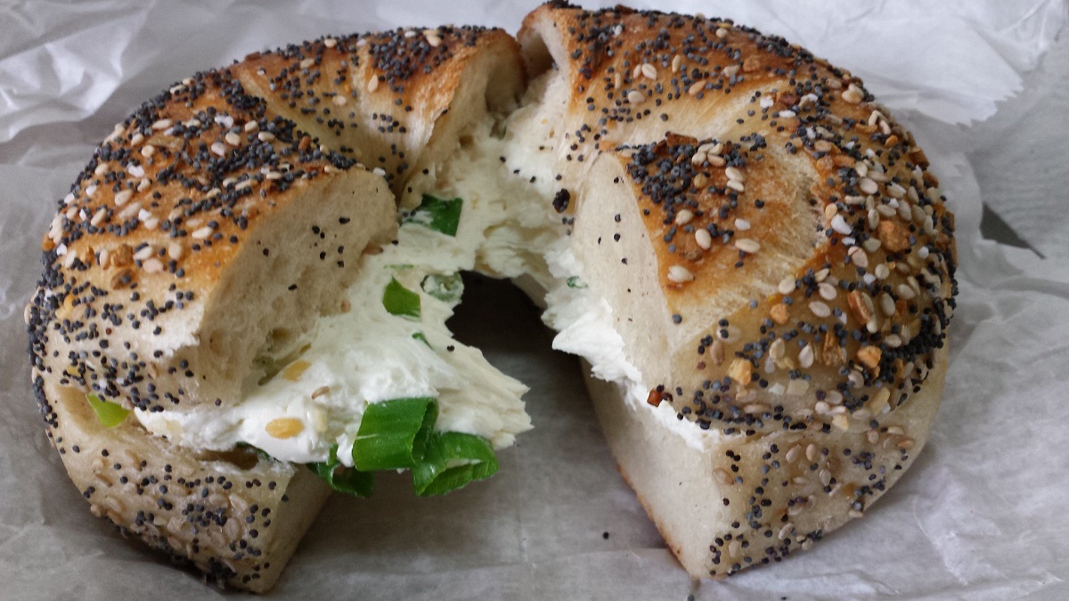 Absolute's famous everything bagel with scallion cream cheese is one of the best bagels in NYC.