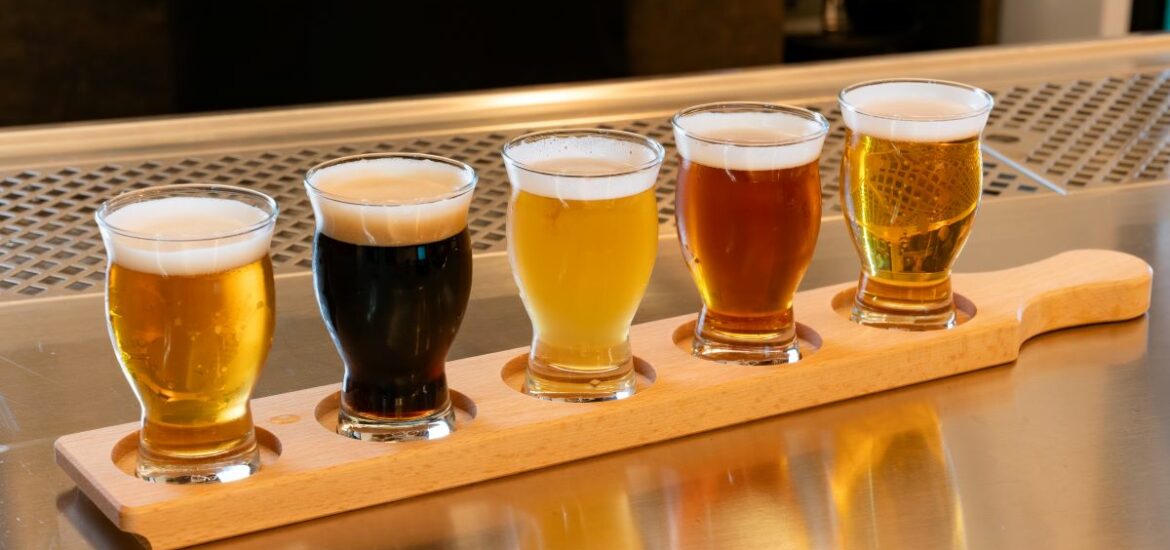 Light and dark beers on a wooden tray