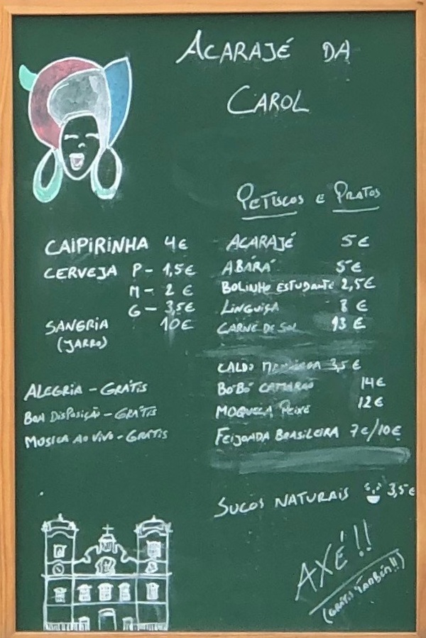 menu at acarajé da carol, one of the brazilian restaurants in Lisbon