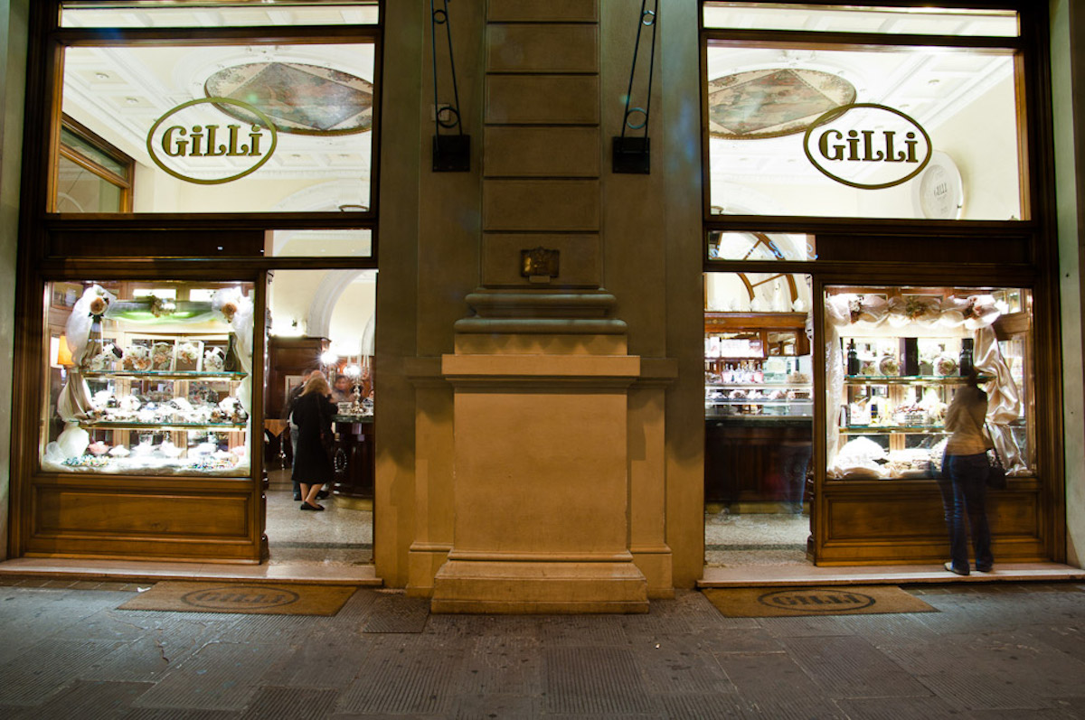 Exterior of Gilli cafe and pastry shop in Florence with two large glass windows