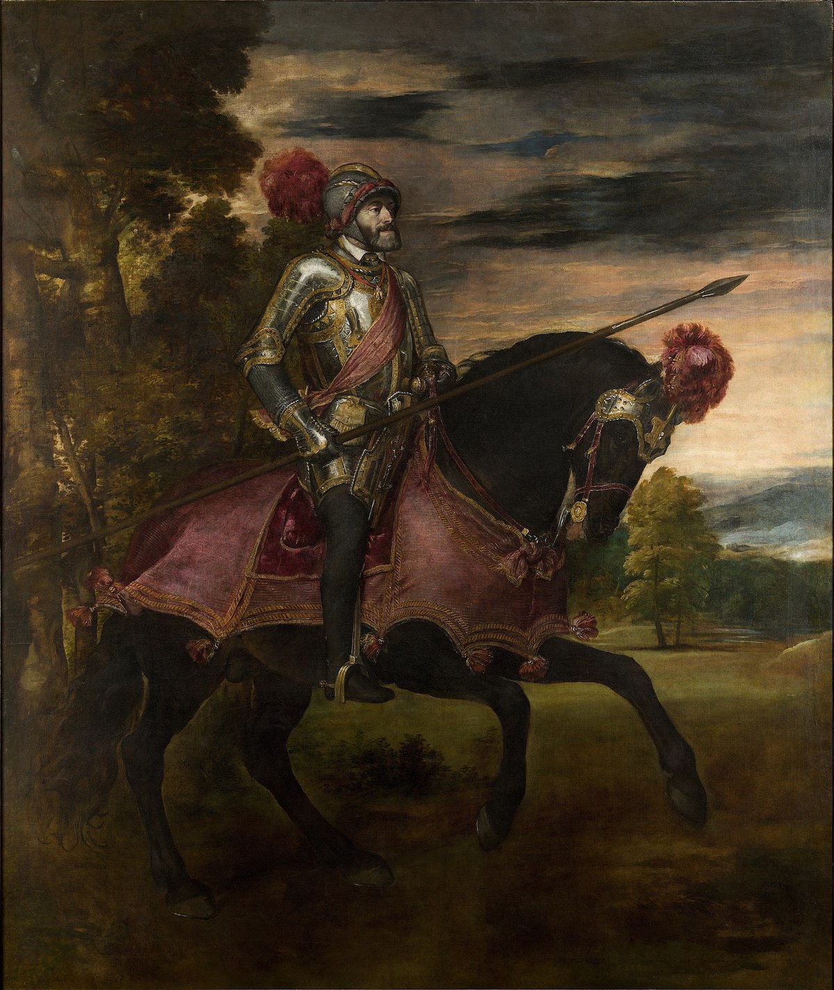 Oil on canvas painting of a king wearing a suit of armor on horseback.