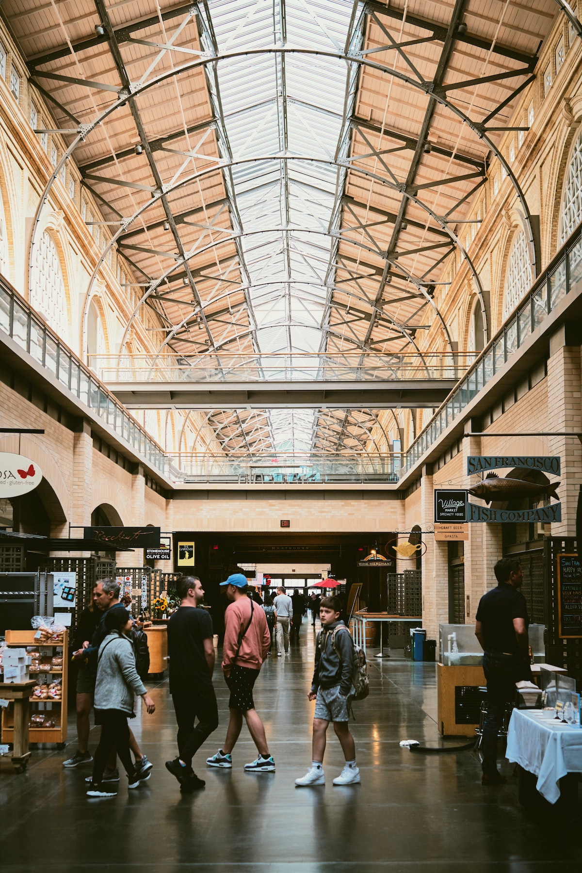 An interior shot of the main hallway of the Ferry Building Marketplace in San Francisco