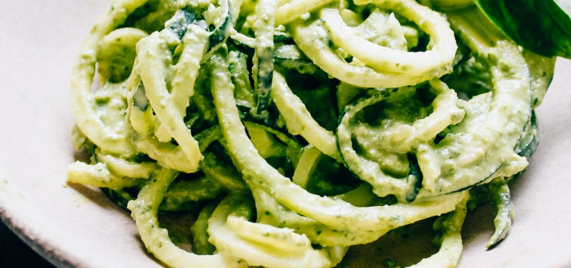 Close up of a plate of zucchini spaghetti