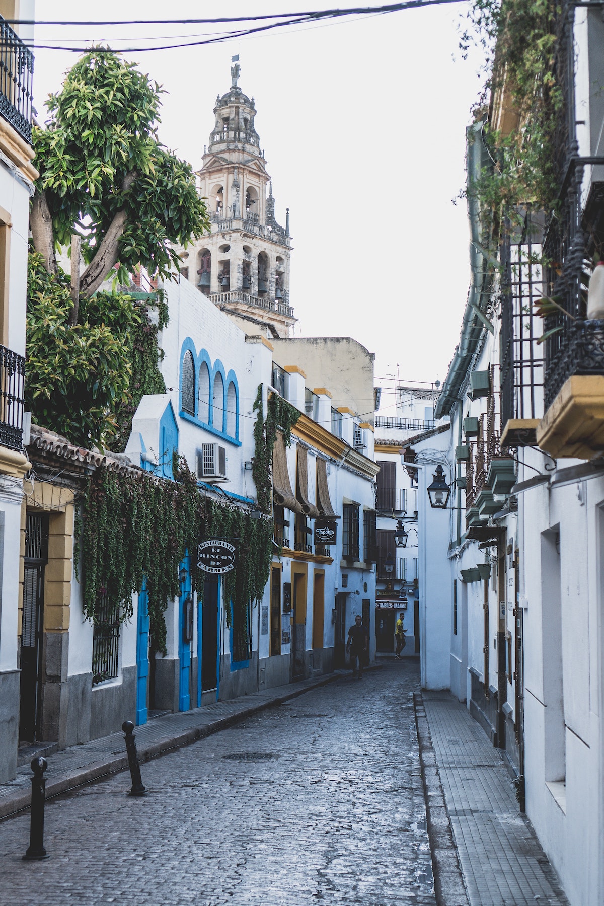Cobblestone street between white buildings with a cathedral tower in the background.