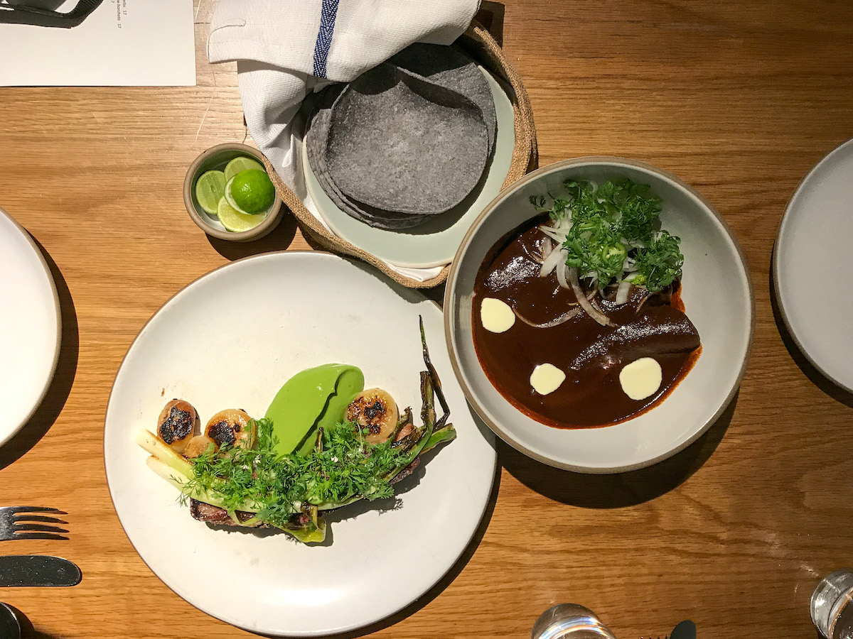 Overhead shot of modern Mexican cuisine served in round dishes