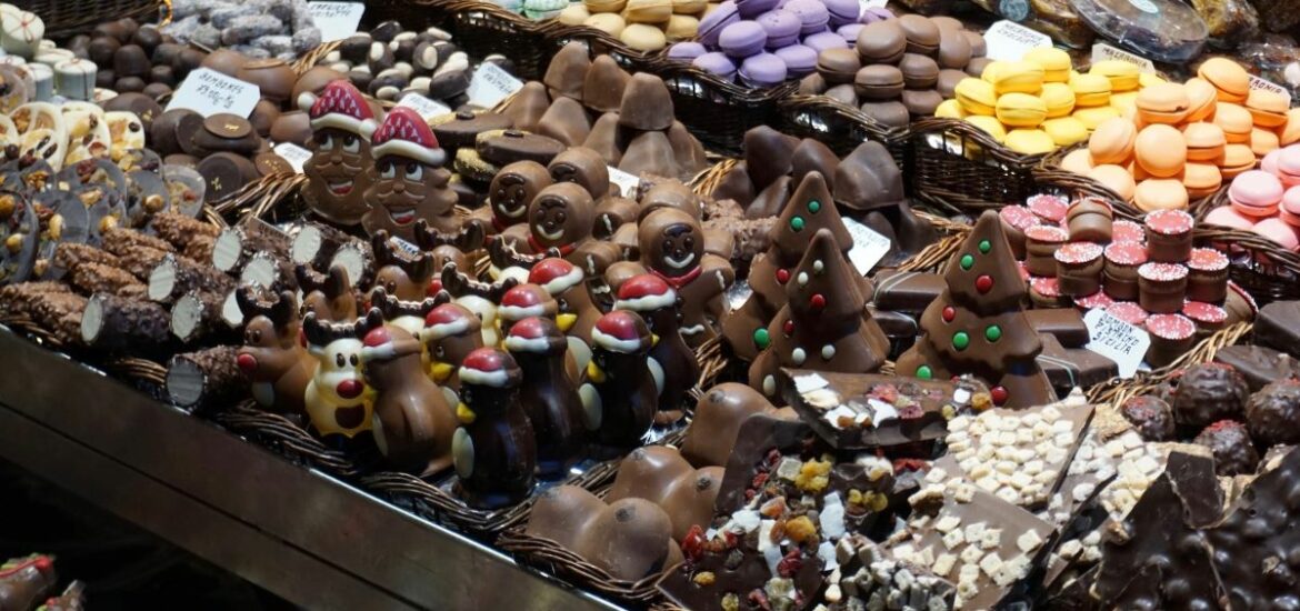 piles of chocolate at market in Barcelona.
