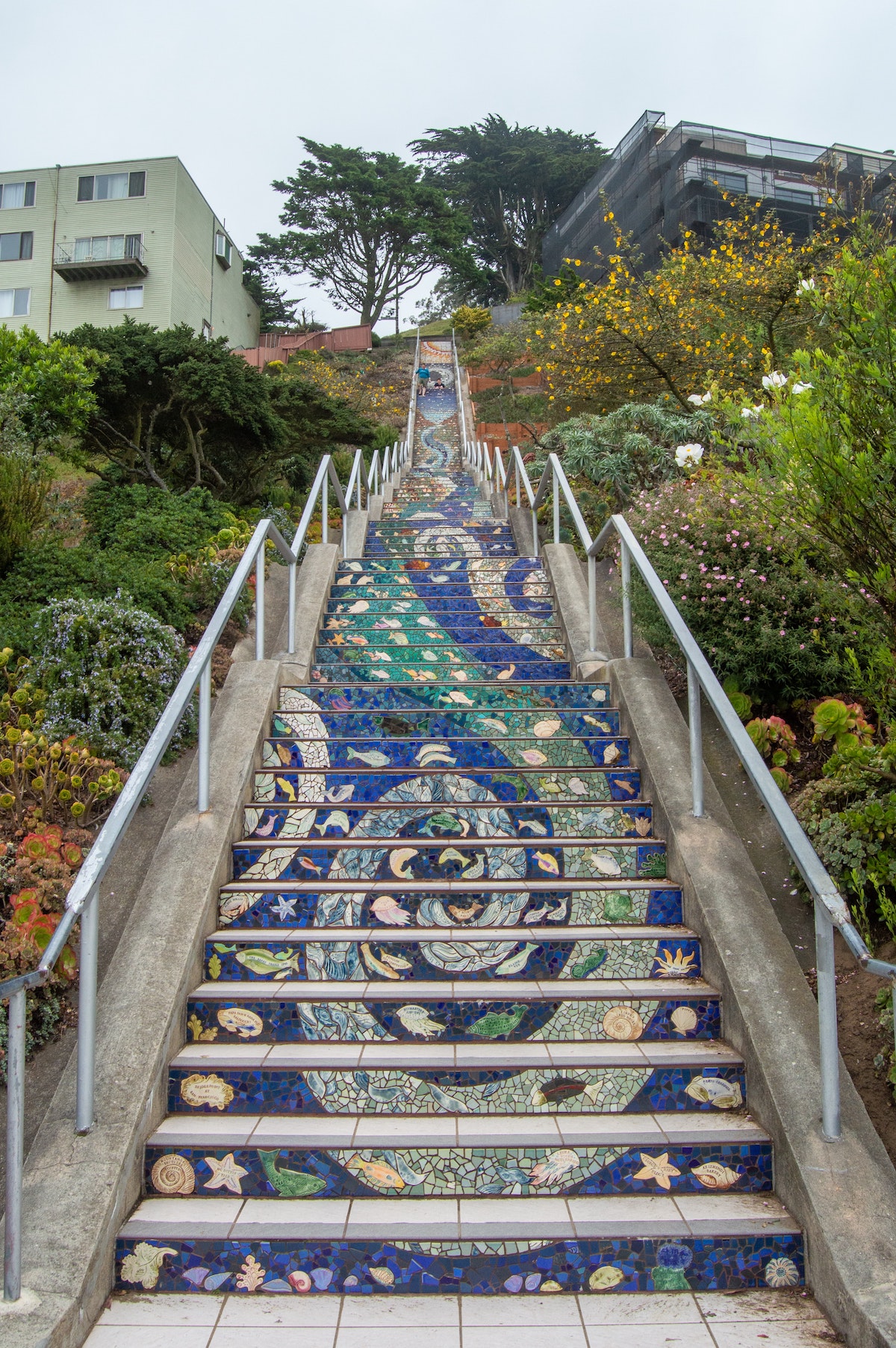 The 16th Avenue tiled steps in San Francisco are decorated with an intricate mosaic of underwater motifs with blue, green, and white tiles