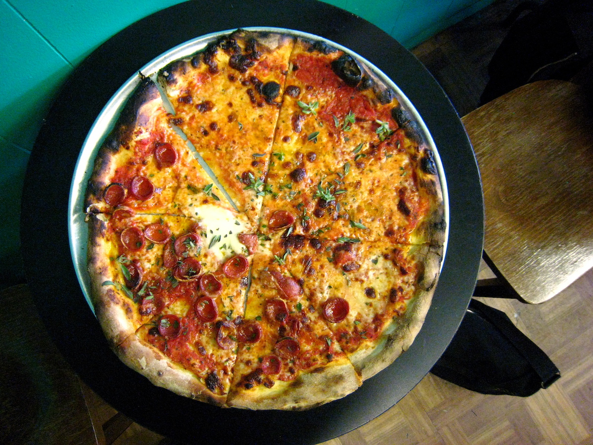 Overhead shot of a round pizza