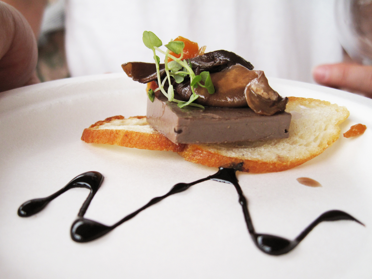 Thin wafer topped with portobello mushroom mousse and peach fennel compote.