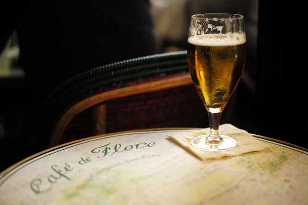 Beer on a bistro table in Paris