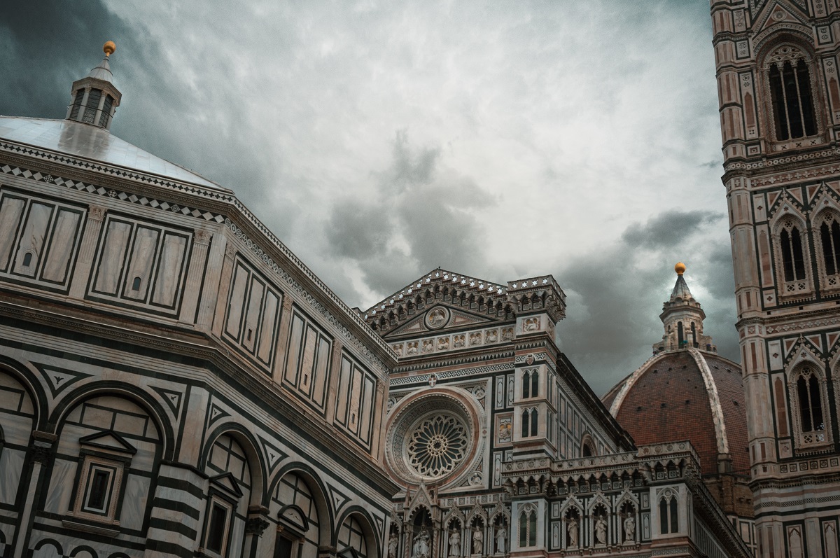 Top of the Florence Duomo with rain clouds in the background