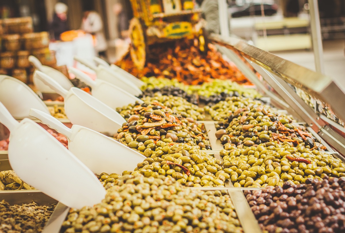 Trays of olives at a Venice food market