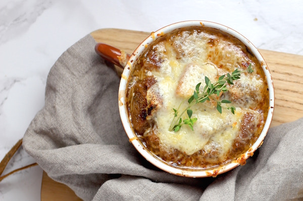 A cozy bowl of French onion soup.