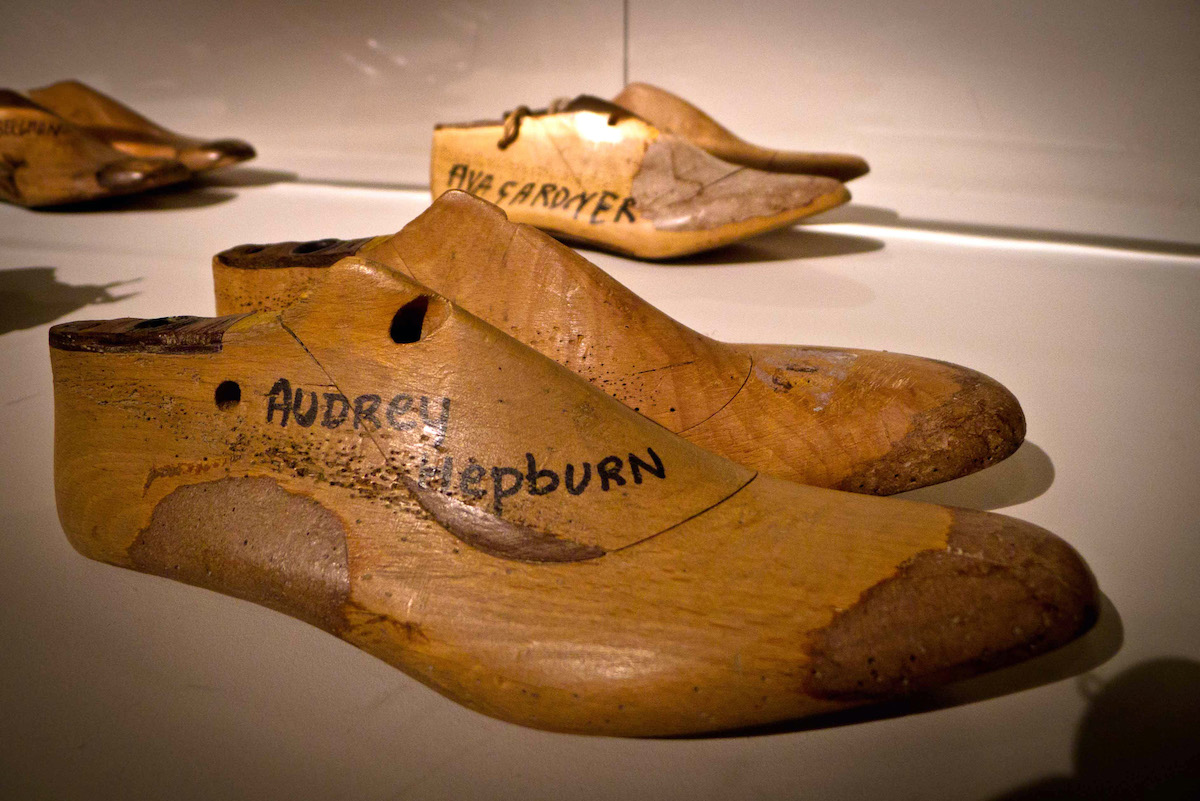 Wooden molds of shoes marked with Audrey Hepburn's name