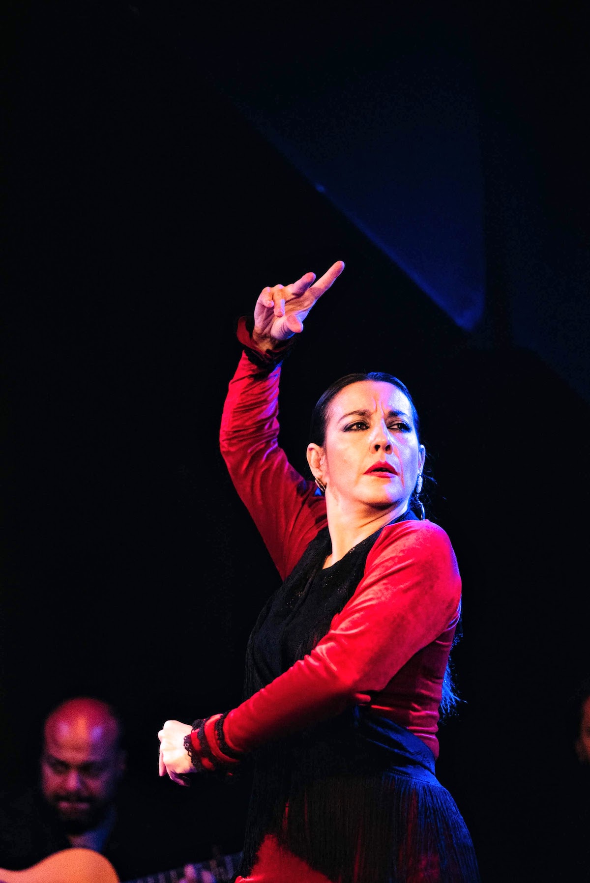 Flamenco dancer in a red dress performing.